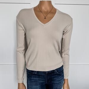 United Colors of Benetton-V-Neck Long Sleeve Beige Sweater in Pure Cotton-XS/S